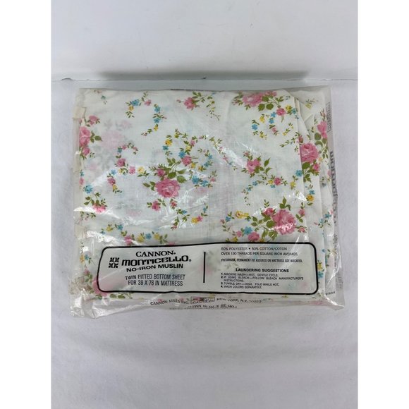 Cannon Monticello No Iron Twin Fitted Sheet Rose Flowers Pink Blue Green New Flo - Picture 3 of 4